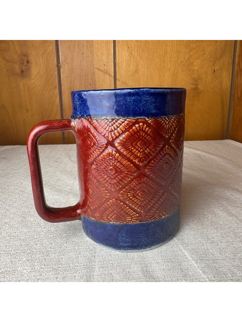 Studio Pottery Mug Red Blue Glaze Textured Geometric Design 4.75 Inch - Picture 4 of 9